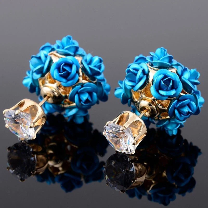 Women Double Sided Rose Crystal Stud Earring Statement Rhinestone Earring femme brincos Shellhard Vintage Korean Jewelry