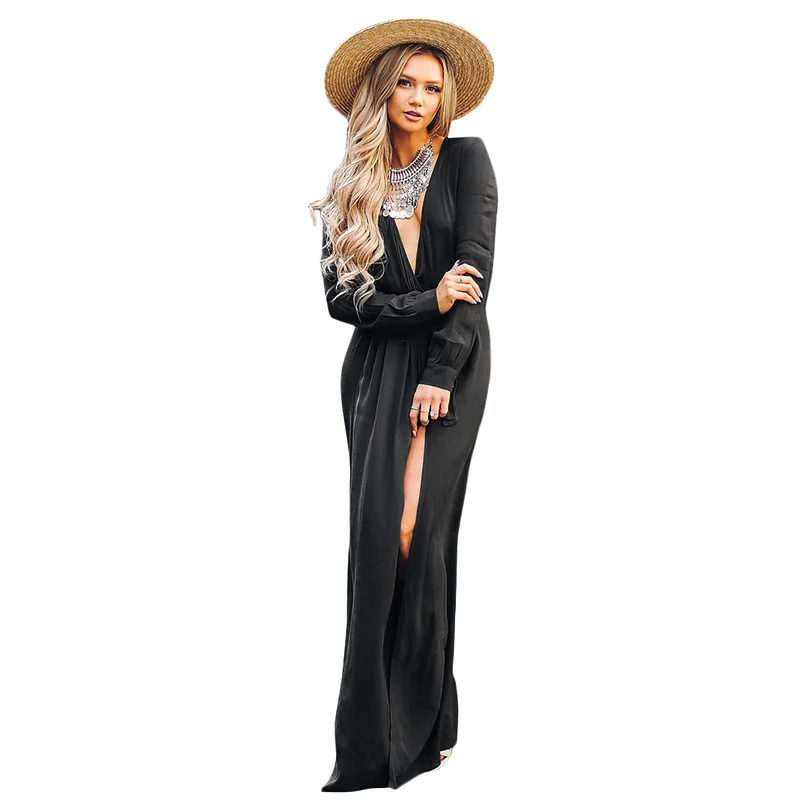 Cream V Neckline Long Sleeve Dress with Split Hem