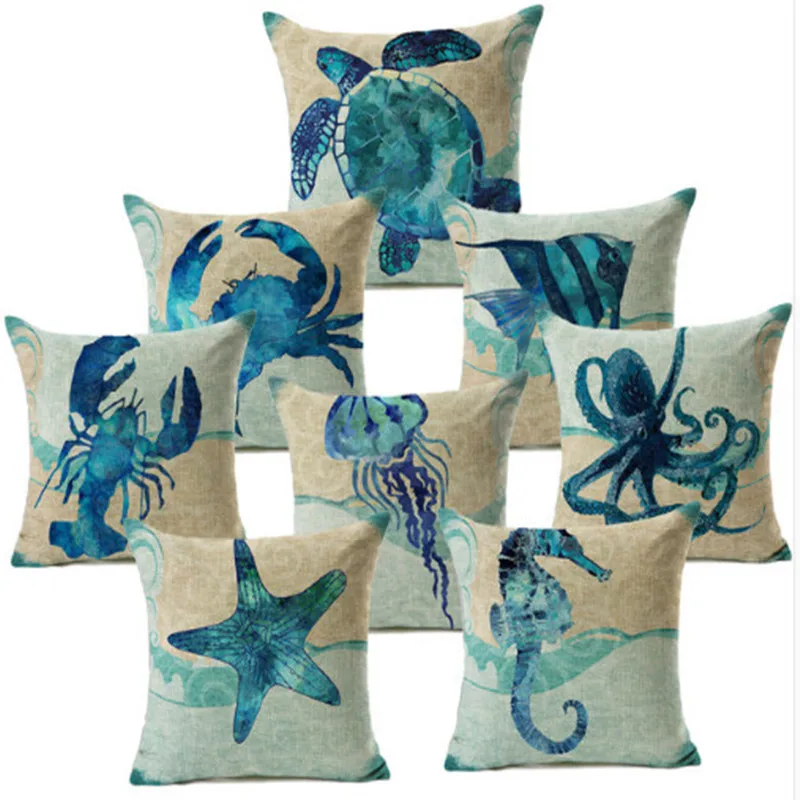 Bule Marine Turtles Octopus Sea Horse Jellyfish Throw Pillow Case On Couch Ocean Animal Linen Comfortable Cushion Cover | Дом и сад