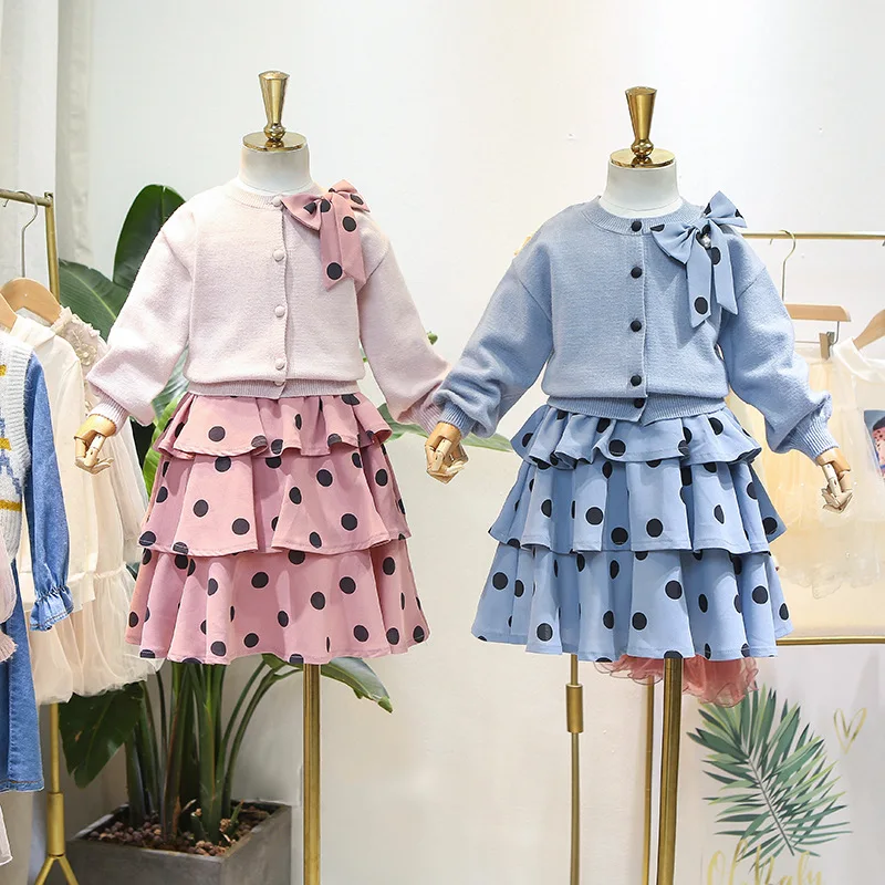 

Children's clothing new knit sweater cardigan 2019 light autumn girl wave egg dress set cute sweet two-piece