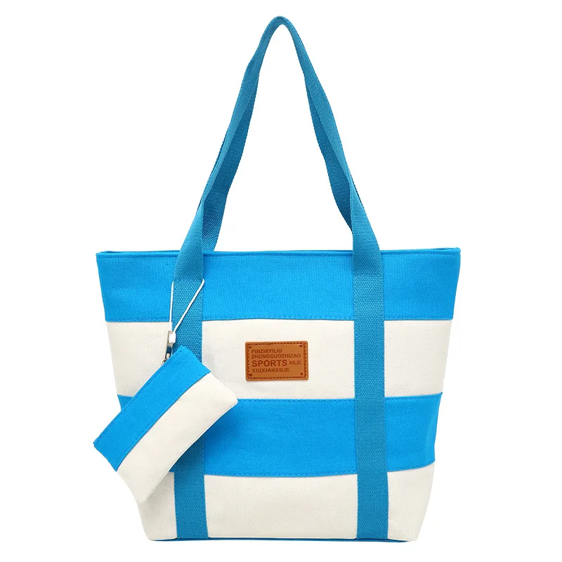 Женская пляжная Холщовая Сумка, модная цветная полосатая сумка с принтом, женская большая сумка на плечо, Повседневная сумка для покупок - Цвет: Sky Blue