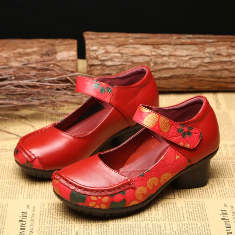 Туфли на каблуке; женские туфли для мам; модные женские туфли на высоком каблуке из натуральной кожи в стиле ретро; сезон осень; Новинка; женские тонкие туфли из натуральной кожи на грубом каблуке - Цвет: Красный