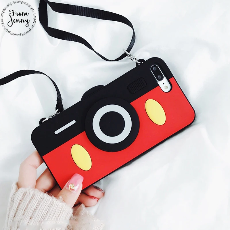 

From Jenny 3D Silicon Cute Camera phone case For iPhone 6 6s 6plus 6splus i6 i6s 7 7Plus 8 8plus rubber back cover+ Strap