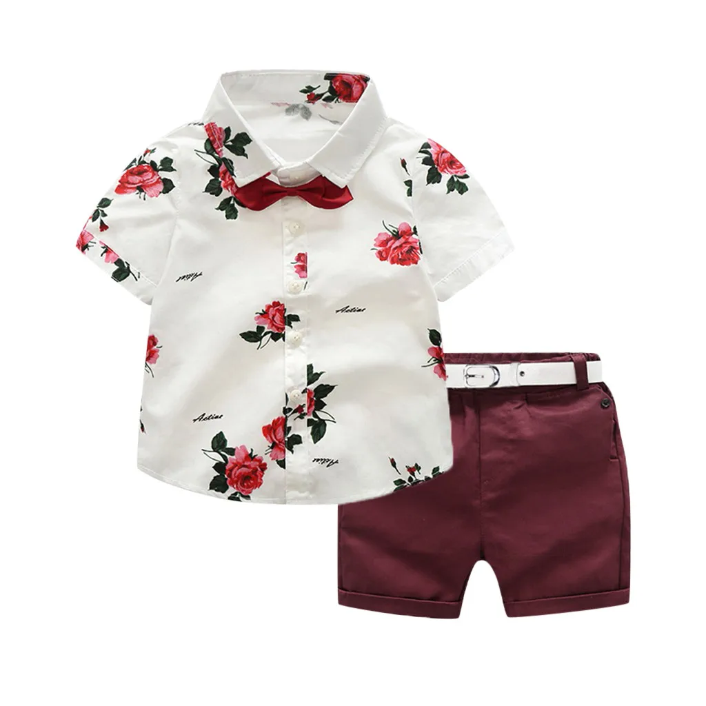 

Baby Boy clothes summer New Style Toddler Gentleman Suit Rose Bow Tie Fashion Turn-down Collar T-Shirt Shorts Pants Outfit Set