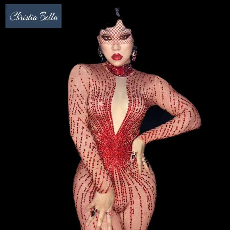 Женский комбинезон с красной стразами Christia Bella красный украшенный кристаллами