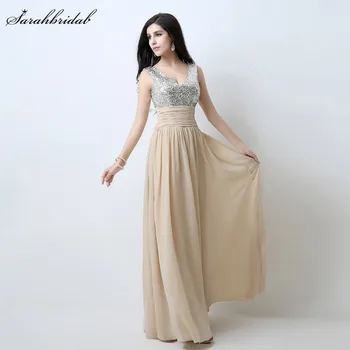 

Fashionable Champagne Black Sequined Chiffon Formal Evening Dresses Elegant A line Long Prom Party Gown Robe De Soiree SLD125