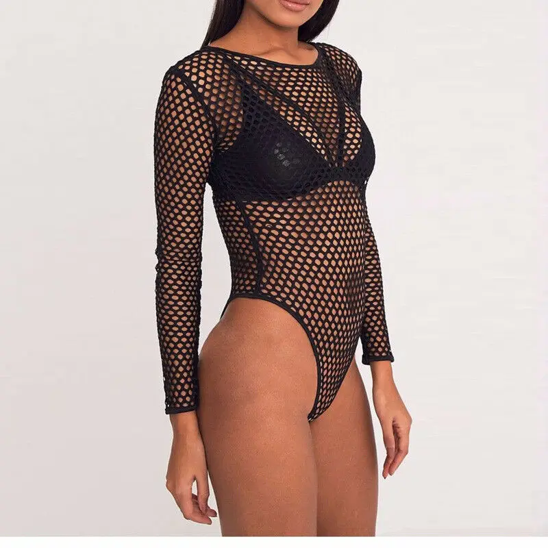 Sexy Women Fishnet Mesh Hollow Out Bodysuit Stretch Jumpsuit Romper Long Sleeve Leotard Tops