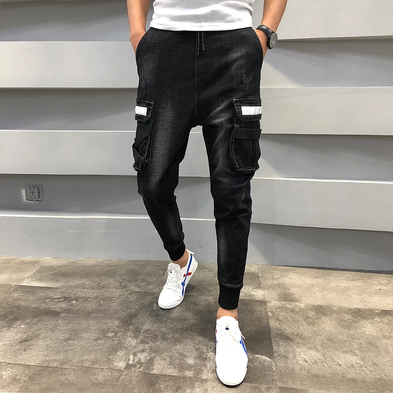 

Fashion 2018 Men Jeans Autumn Winter Slim Fit Casual Denim Pants Men Side Pockets Design Jeans Cargo Pants Mid Waist Trousers 36
