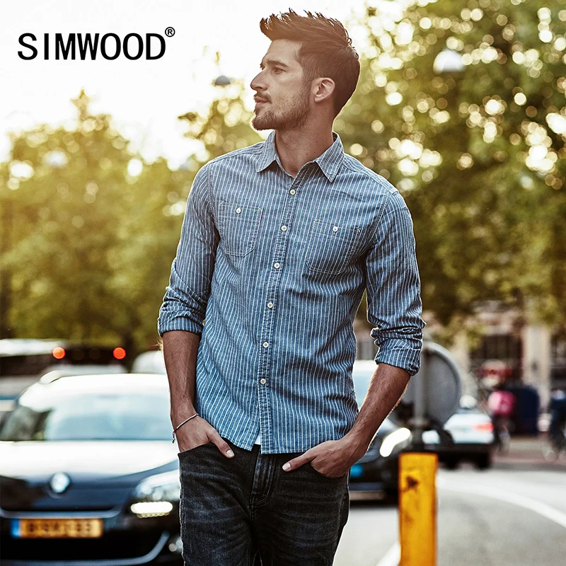 Acheter SIMWOOD Chemise Rayée Hommes 2019 printemps Nouveau Casual Chemises À Manches Longues Importé vêtements Slim Fit Plus Taille CC017023