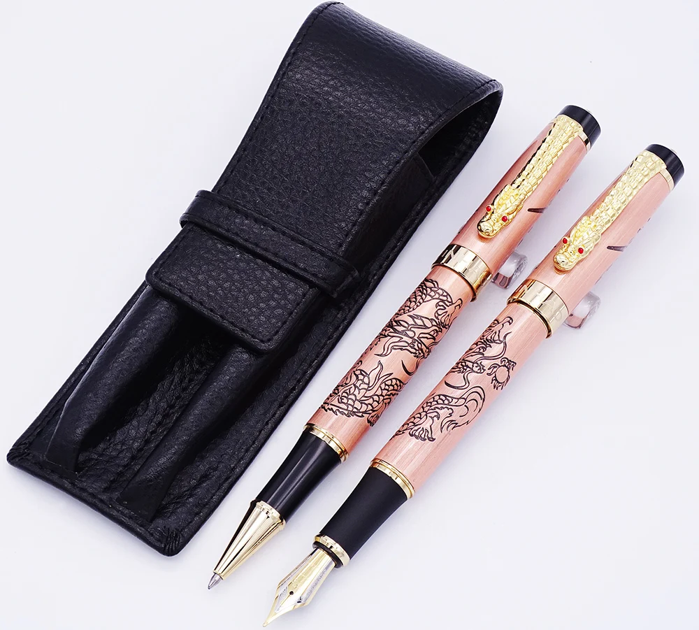 Descendentes do Dragão de Cobre Saco do Lápis de Couro Pen com Caneta Jinhao Vermelho Caneta & Roller Caso Lavado Couro Real Caso Set 3 Caneta & Roller Pen com Caneta Caso