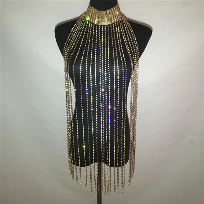 Women Sexy Rhinestone Nightclub Mini Dress Choker Halter Gold Silver Tassel Diamond Chain See Through Hollow Out Mini Dress