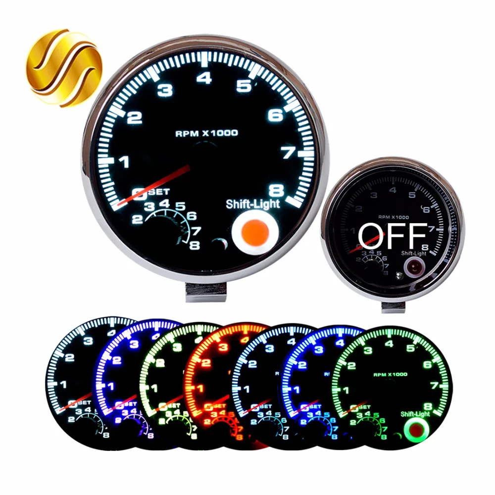 

Dragon Gauge 95mm 3.75 Inch Tachometer Chrome for 7 LED Colors Adjustable 12V Car Gauge 3 3/4" Meter 0-8000 RPM TAC Shift-Light