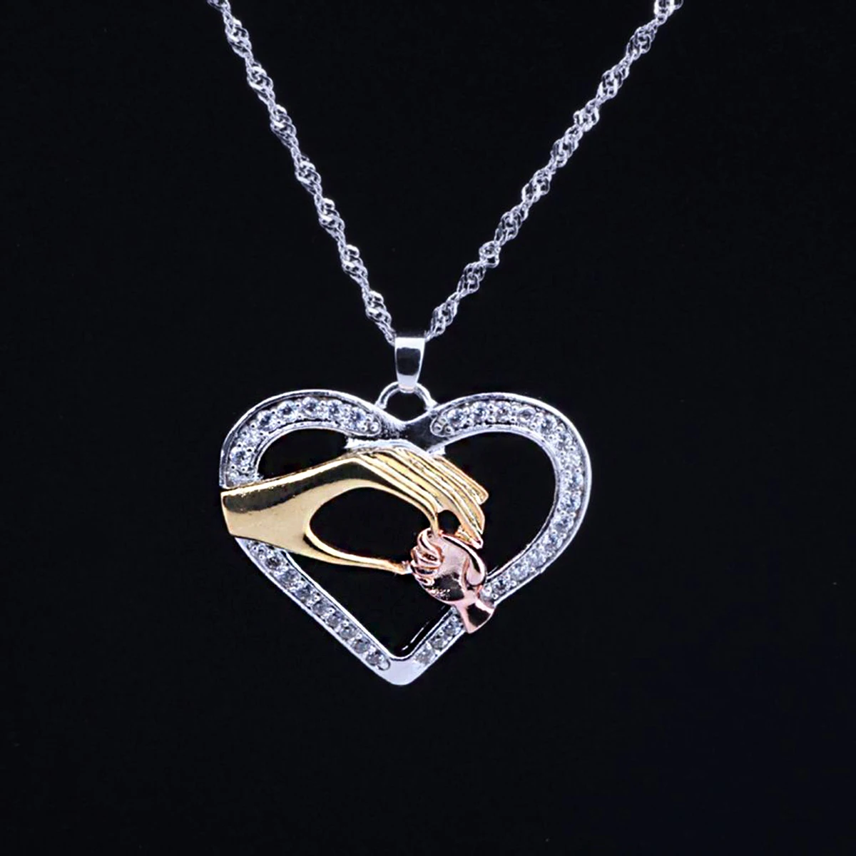 Vintage Collare Mother Child Necklaces Shellhard Crystal Hand in Hand Heart Shaped Pendant Necklace Love Family Jewelry Gift