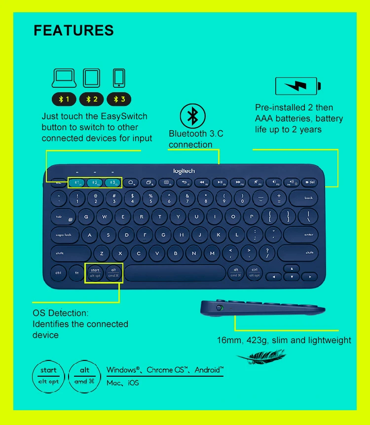 Беспроводная bluetooth-клавиатура logitech K380, светильник с несколькими устройствами, мини-клавиатура для Android Apple Phone Computer