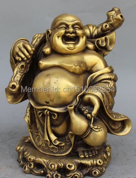 

11" Chinese Bronze Stand Happy Laugh Maitreya Buddha Hold Bag Calabash Statue