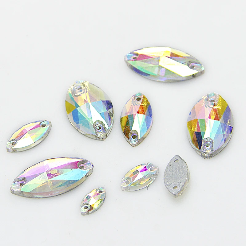 Horse Eye Sew On Rhinestone Crystal AB With 2 Holes Flatback Sewing