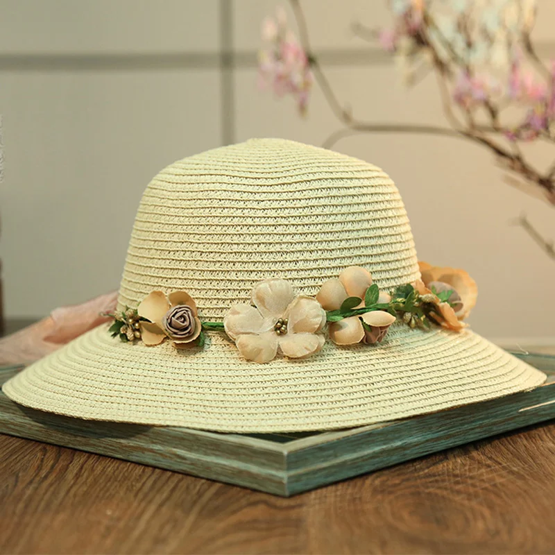 Jlong Для женщин летняя спортивная шапка плетеная, из соломы шляпа, солнцезащитный козырек искусственная Цветочная Гирлянда Венок лента
