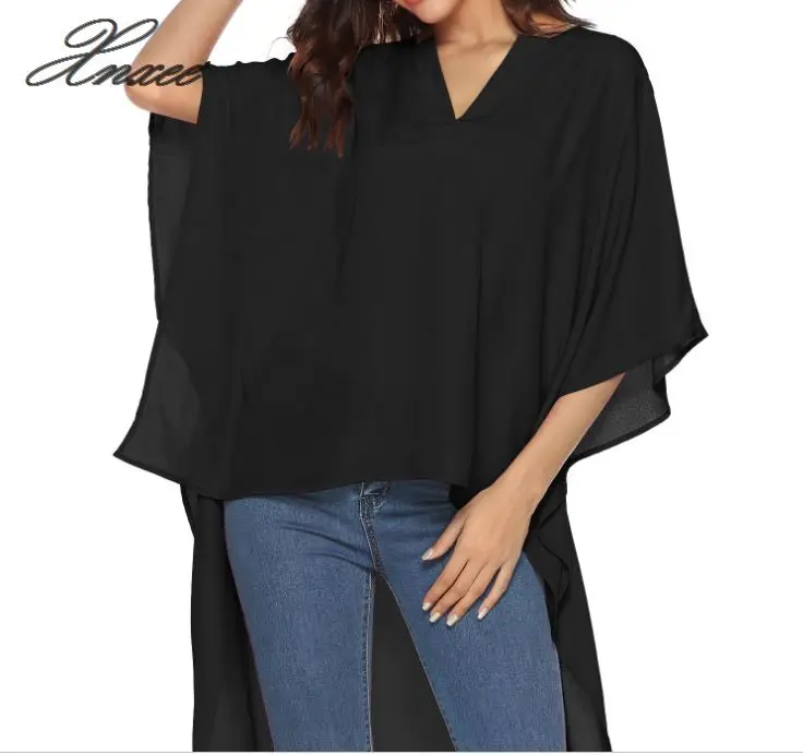 

2019 new women's explosions before the short long V-neck loose bat sleeve chiffon shirt