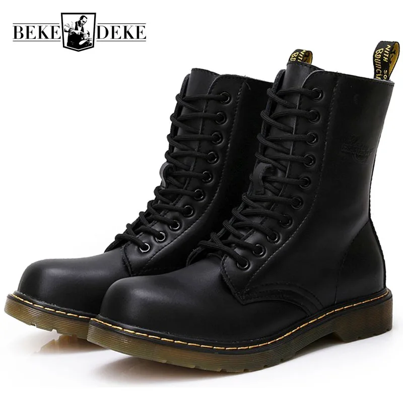 

Vintage Mens Winter Leather Work High Top Boots Round Toe Lace Up Biker Martin Shoes Block Heels Military Tactical Ankle Boots