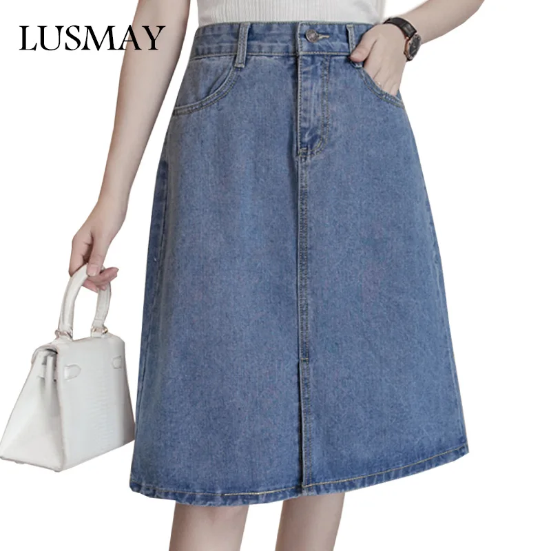 Bimba Women's Knee-Length Denim Skirt – High Waist A-Line, Navy Blue, Smocked Back With Pockets - View #9