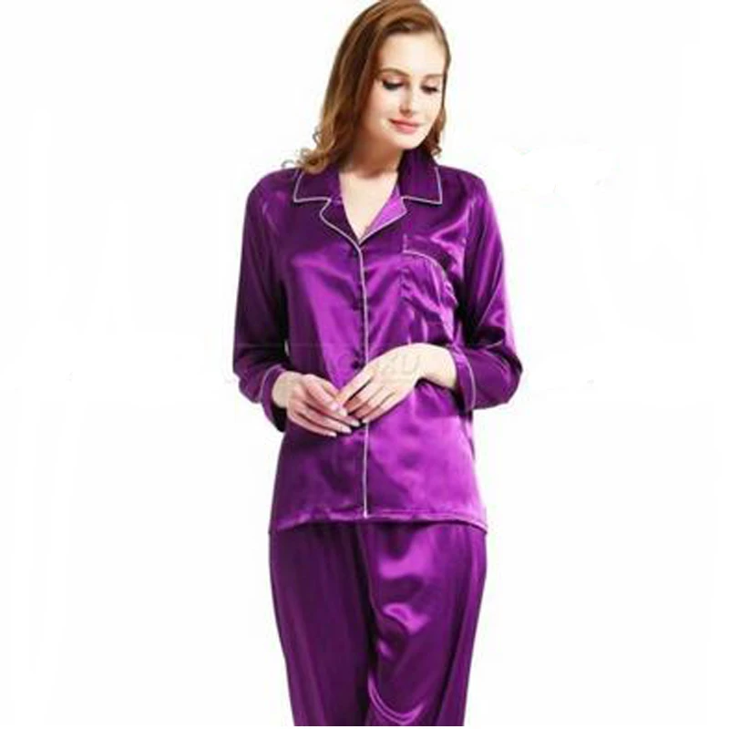 Хит, осенняя женская пижама, комплект из двух предметов, одноцветная длинная Пижама, комплект с пуговицами, шелковая атласная пижама со штанами - Цвет: Фиолетовый