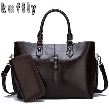 

2019 New High Quality Oil-Wax Leather Women Handbag 2set Luxurious Women Shoulder Bags Ladies Messenger Bag Big Tote With Wallet