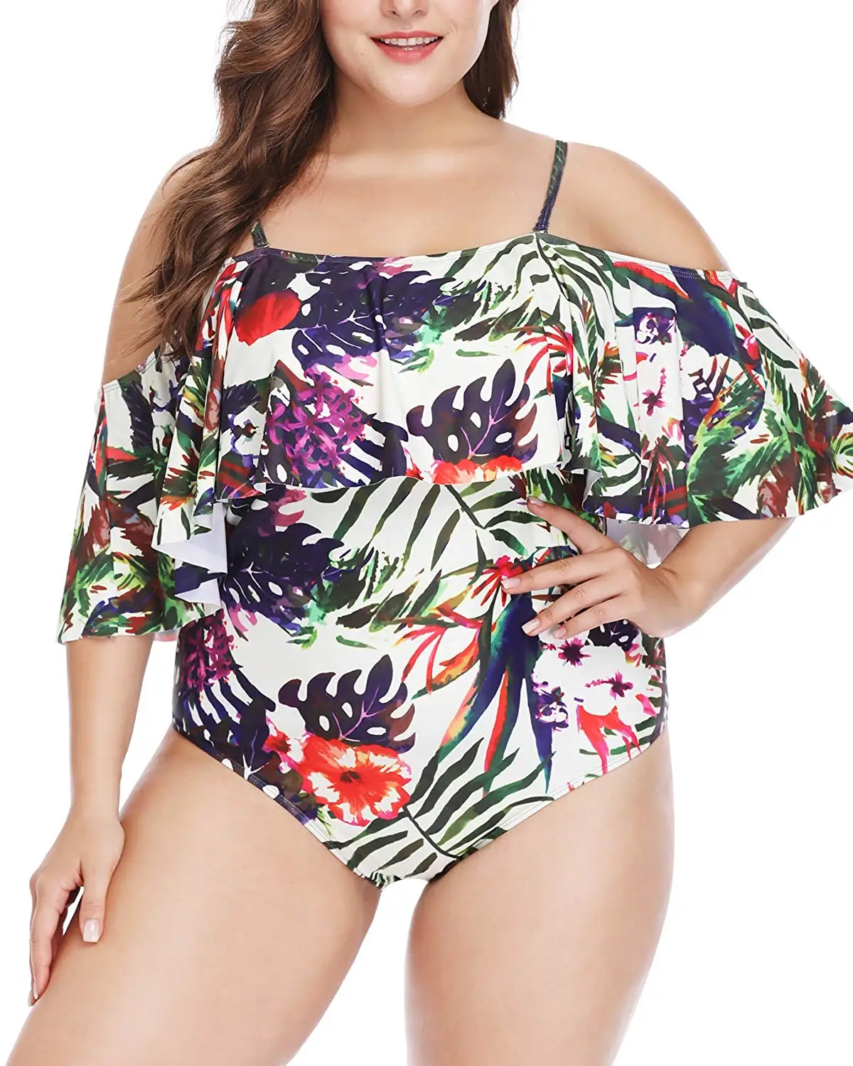 

Oversize Womens Off Shoulder Swimwear One Piece Bathing Suit Floral Print Summer Beach Biquini Swimsuit Plus Size