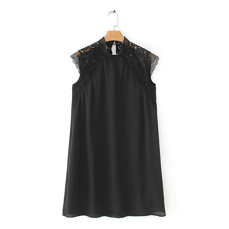 

ASDS Summer Black Lace Spliced Chiffon Dress Stand Collar Above Kneel Length Sleeveless Elegant Black Chic Dress WQZ63527