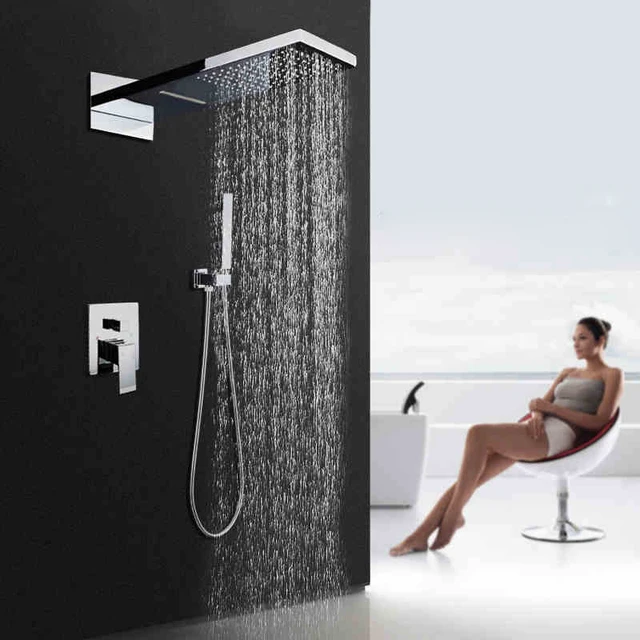 Luxury Chrome Brass Rain Waterfall Shower Set Faucet Wall Mounted with