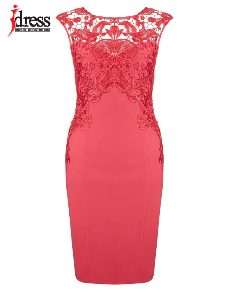 IDress Plus Size S-XXL 2016 New Red Blue Embroidery Lace Patchwork Bodycon Bandage Dress Sexy Sleeveless Knee Length Club Party Dress (2)