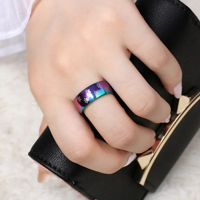 Fashion Cute Dog Cat Paw Rings Jewelry Stainless Steel Wedding Band Rainbow Couple Ring for Women Width 8mm,wedding rings,womens ring,couple rings,finger rings,jewelry rings,ring jewelry
