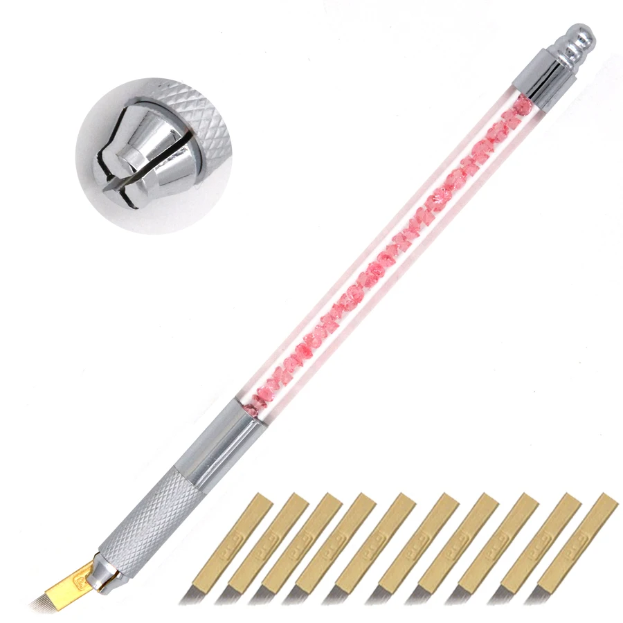 

Wholesale 1pcs pink permanent make up 3d manual tattoo pen microblading pen for eyebrow with 10pcs blades free shipping