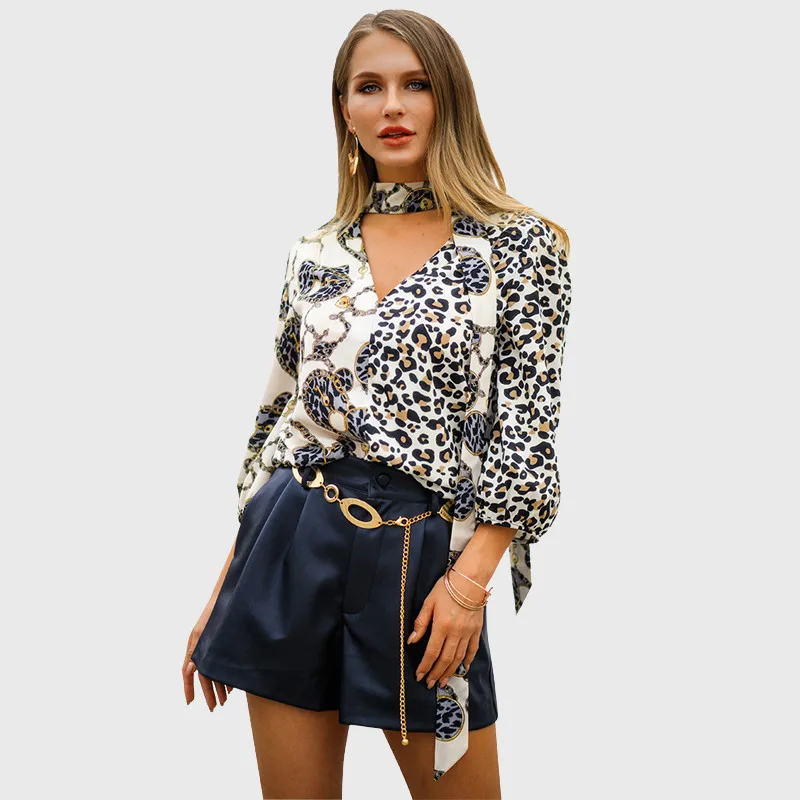 

New 2019 Fashion Patchwork Leopard Blouses And Shirts With Bow Animal Pattern Print V Neck Blouse Women Chic Tops Shirts Femme