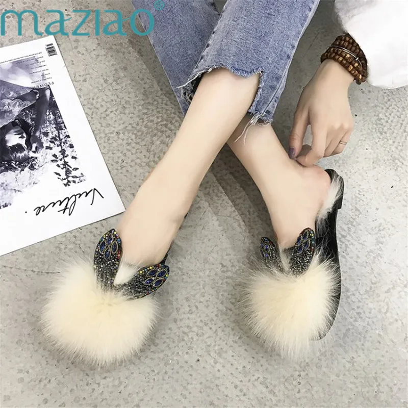 

Rabbit Ears Slippers Women Fur Home Fluffy Sliders Plush Furry Summer Flats Sweet Rhinestone Ladies Shoes MAZIAO