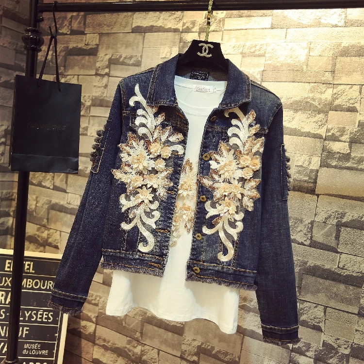 

2018 Spring Autumn Women's New Fashion Denim Jacket Jeans Coat Girls Ladies 3D Flower Beaded Long-sleeved Short Coat Slim Coats