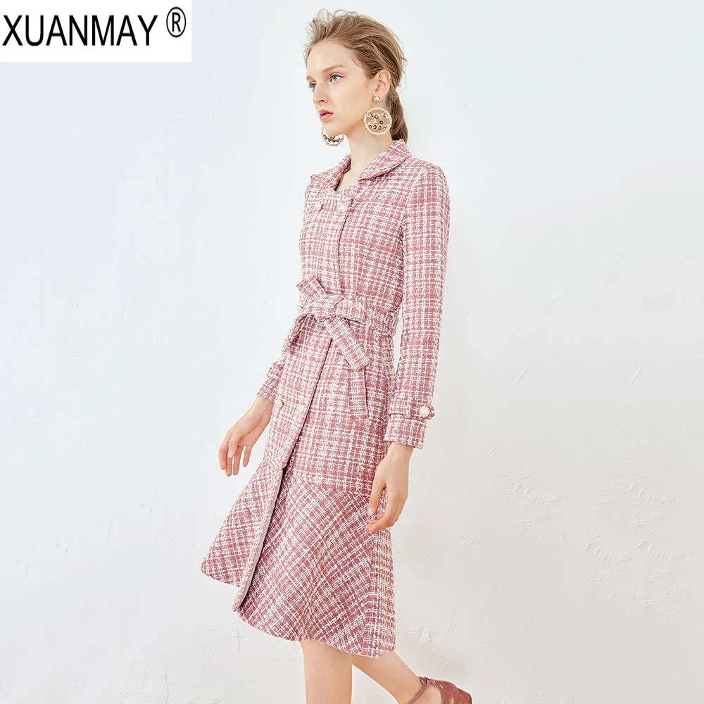 

2019 New winter Long-sleeved Dress British style Women's woolen Plaid Dress elegant pink Slim Temperament Long cardigan dress