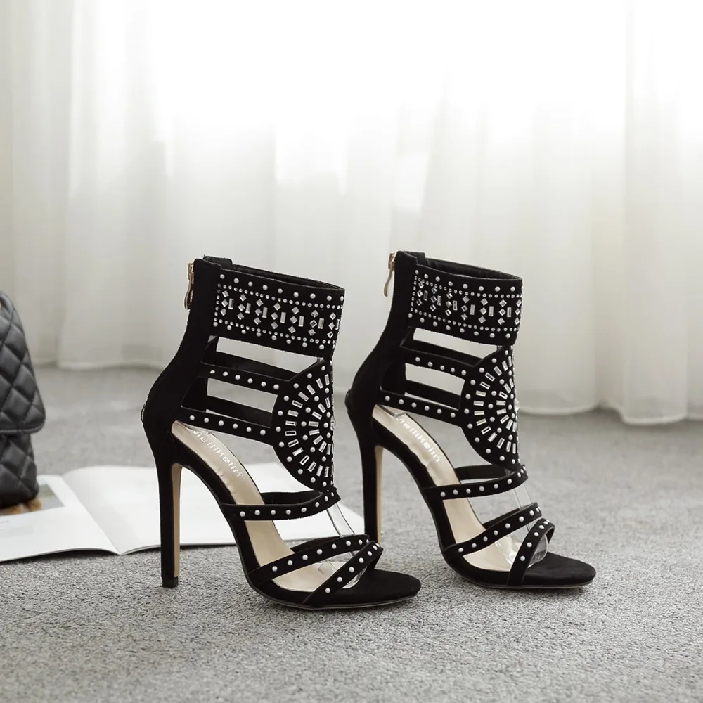 Women sandals Zipper High Heels Wedding Lady Shoes Flock Crystal Women Pumps Thin Heels Chaussure Femme Talon gladiator sandals