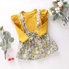 Комплекты детской одежды однотонные топы с длинными рукавами для маленьких девочек+ комбинезон с цветочным принтом Одежда для девочек костюм C50