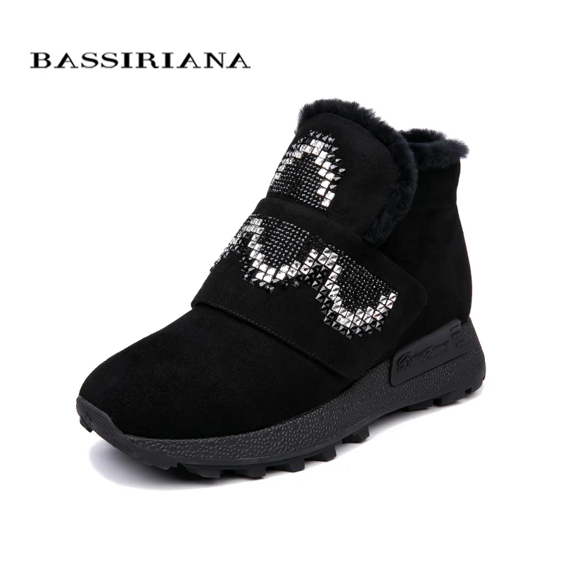 BASSIRIANA/Натуральная замша ботильоны зимние новые туфли на плоской подошве для женщин, российские размеры 35-40 - Цвет: black