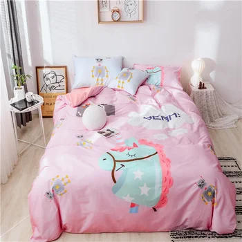 

100% Washed Cotton Pink Cartoon Unicorn Printing Child Bedding Set Duvet Cover Bed sheet Bed Linen Pillowcases Queen Size 4pcs