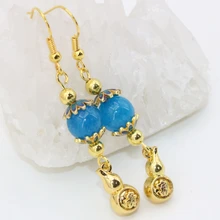 Lovely ethnic style long dangle earrings for women gold plated gourd blue jade beads new fashion elegant drop earrings B2623