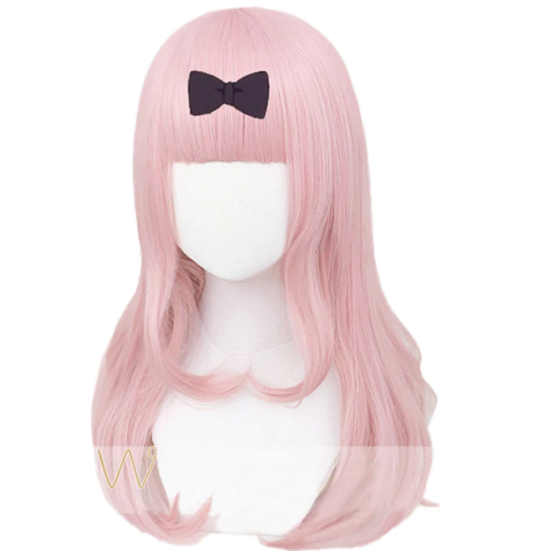 

Fujiwara Chika 55cm pink long curls wig Anime Kaguya-sama:Love is War heat resistant hair cosplay costume wigs + bow hairpin