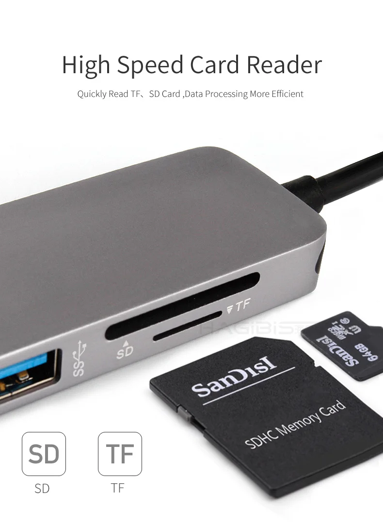 Hagibis Тип type-C USB 3,1 мульти Порты и разъёмы адаптер USB-C к HDMI 4K HD USB 3,0 концентратор 2-Порты и разъёмы SD Card Reader конвертер кабель для Macbook