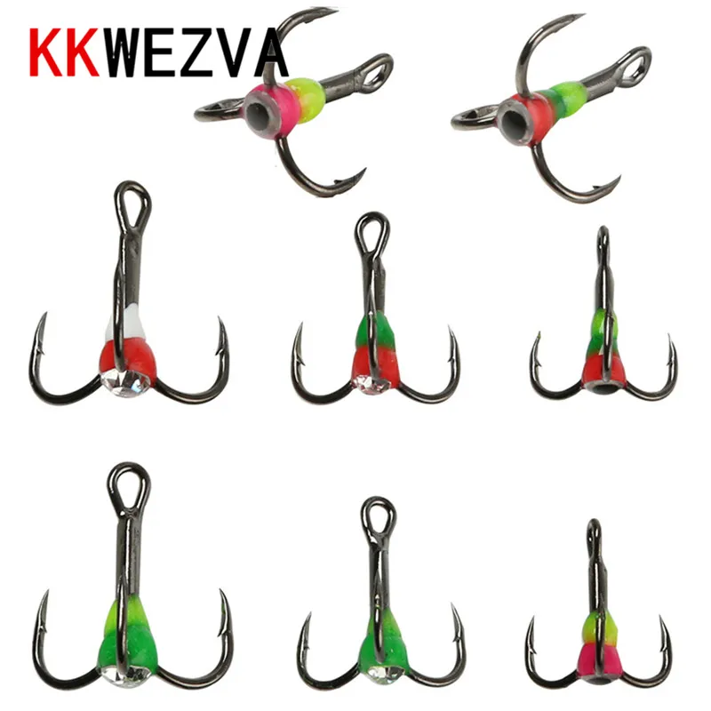 

KKWEZVA 12pcs Different colors 6# 8# 10# Winter ice Fishing Treble Hook High Carbon Steel Fishing Tackle Tools With Box
