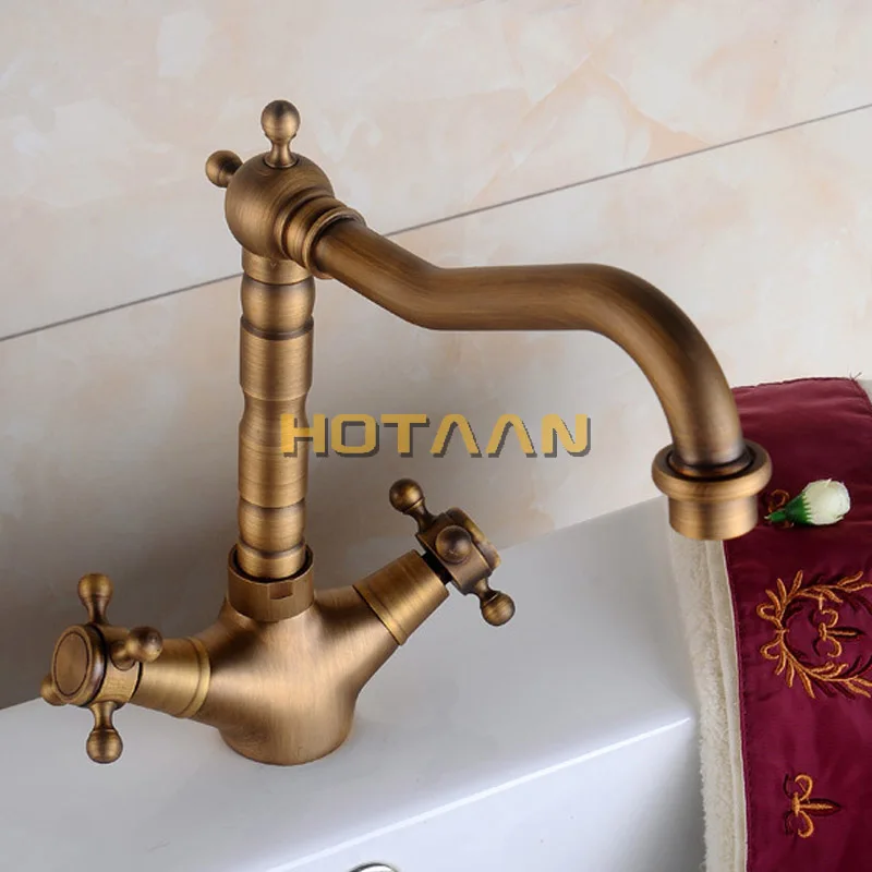  Basin Faucets Antique Brass Bathroom Sink Faucet 360 Degree Swivel Spout Double Cross Handle Bath k
