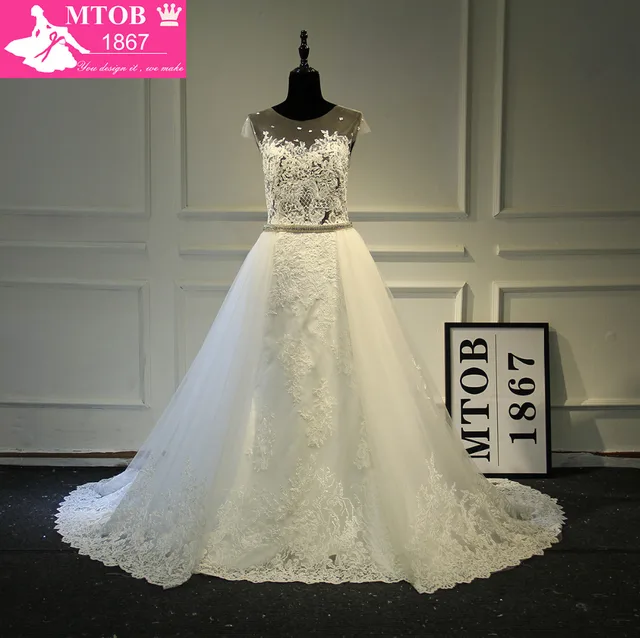 Aliexpress Fashionable Y See Through Lace Wedding Dress Fashionable Y See Through Lace Wedding Dress Removable Beading Sash Detachable Tail Chapel Train Robe De