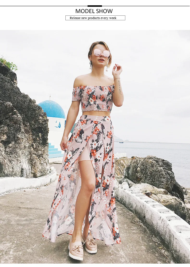 Danjeaner Off Shoulder Floral Print Summer Maxi Dress Plus Size Women Two Piece Set Beach Dress Female Sexy Split Boho Dresses