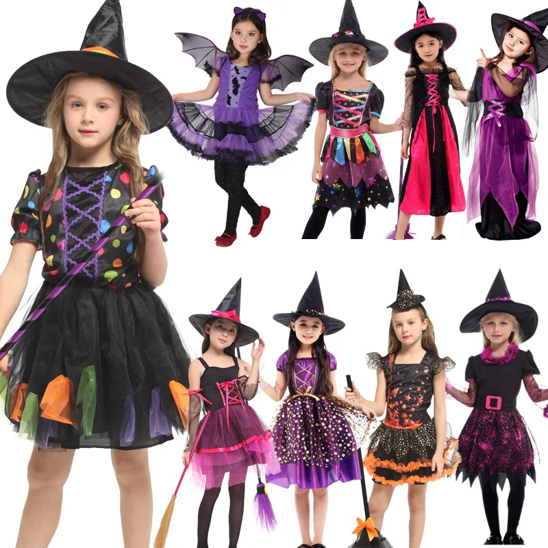 Witch Suit Cosplay For Girls 2018 New Halloween Party Children Costume Clothing Set Halloween Witch Dress Hat cloak Accessories