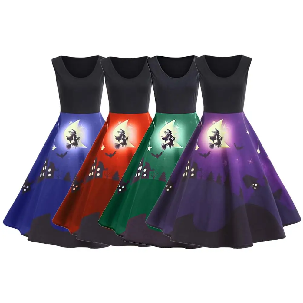 Vintage Halloween Dress Hepburn Style Pattern Print Multicolor Flare