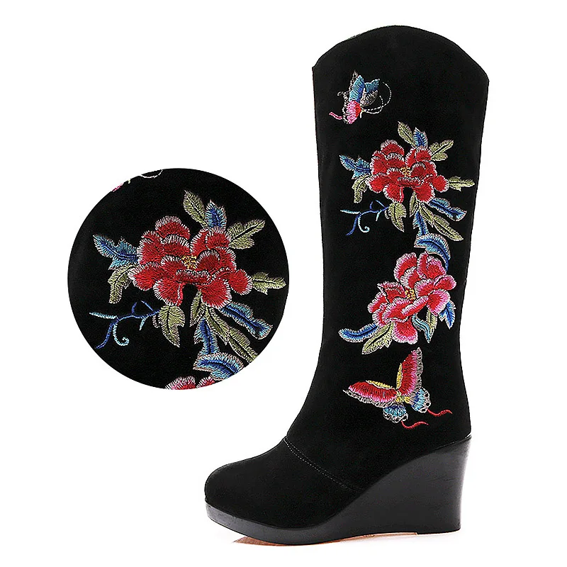 

SONDR long boots winter shoes women high heel Short Plush zapatos de mujer platform rubber botas feminina black Embroider sapato